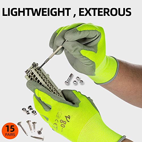 Vgo 15-Pares Guantes de Trabajo y de Jardinería Recubiertos de PU para Hombres Multifunción (Tamaño 10/XL,Amarillo fluorescente,PU2013)