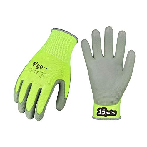 Vgo 15-Pares Guantes de Trabajo y de Jardinería Recubiertos de PU para Hombres Multifunción (Tamaño 10/XL,Amarillo fluorescente,PU2013)