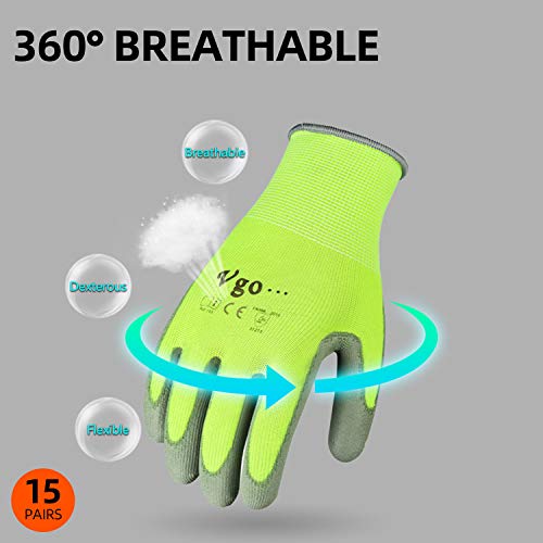 Vgo 15-Pares Guantes de Trabajo y de Jardinería Recubiertos de PU para Hombres Multifunción (Tamaño 8/M,Amarillo fluorescente,PU2103)