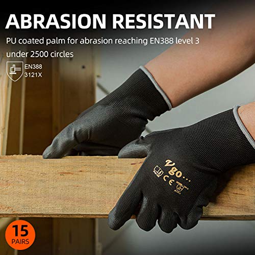 Vgo 15-Pares Guantes PU Jardinería y Guantes Trabajo Ligero (Negro, 8/M, PU2103)