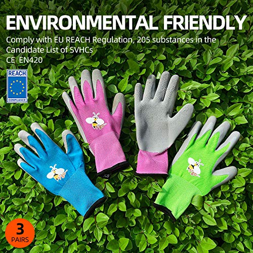 Vgo 3-Pares de Guantes de Jardinería con Revestimiento de Látex de Espuma Natural para Niños para Trabajo Ligeros, Actividad al Aire Libre (XXS - Edad 3-5, Verde, Azul y Rosa, KID-RB6013)