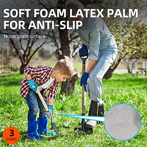 Vgo 3-Pares de Guantes de Jardinería con Revestimiento de Látex de Espuma Natural para Niños para Trabajo Ligeros, Actividad al Aire Libre (XXS - Edad 3-5, Verde, Azul y Rosa, KID-RB6013)