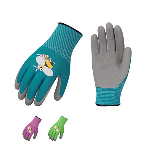 Vgo 3-Pares de Guantes de Jardinería con Revestimiento de Látex de Espuma Natural para Niños para Trabajo Ligeros, Actividad al Aire Libre (XXS - Edad 3-5, Verde, Azul y Rosa, KID-RB6013)