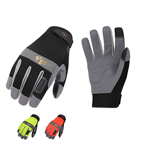 Vgo 3-Pares Guantes de Trabajo de Cuero Sintético (Color Negro, Verde y Naranja Fluorescente, Talla 8/M, SL7584)