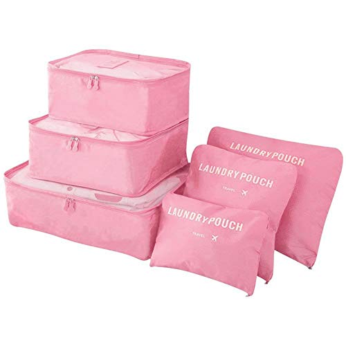 Vicloon 6 en 1 Set de Organizador de Equipaje,Impermeable Organizador de Maleta Bolsa Viaje con Bolsa de Zapato (Rosa)