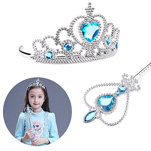 Vicloon 8pcs Conjunto con Accesorios de Princesa del Hielo Elsa con Trenza/Corona/Sceptre/Anillo/Pendientes/Guantespara niña, 2-9 años（Azul)