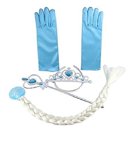 Vicloon 8pcs Conjunto con Accesorios de Princesa del Hielo Elsa con Trenza/Corona/Sceptre/Anillo/Pendientes/Guantespara niña, 2-9 años（Azul)