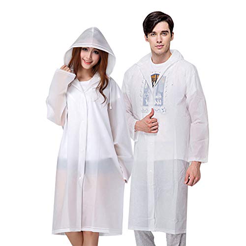 Vicloon Chubasqueros Impermeable, 2 de Paquete Poncho de Lluvia Impermeable Reutilizable con Capucha y Mangas, Unisex EVA Poncho para Viajes, Excursionismo y Exteriores - Blanco, Transparente