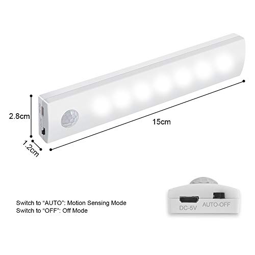 Vicloon Iluminacion Luz sin cables Portatil, 3 Pc Luz Armario con Sensor de Movimiento con Auto en/Apagado, USB Recargable LED Armario con 2 Tiras Magnéticas para Habitacion Pasillo, Escalera, Cocina