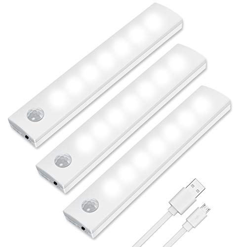 Vicloon Iluminacion Luz sin cables Portatil, 3 Pc Luz Armario con Sensor de Movimiento con Auto en/Apagado, USB Recargable LED Armario con 2 Tiras Magnéticas para Habitacion Pasillo, Escalera, Cocina