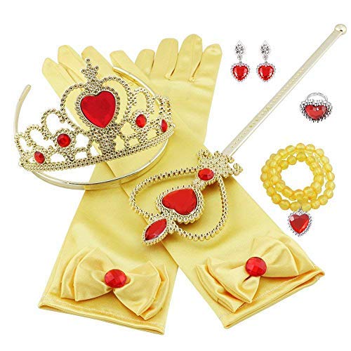 Vicloon Princesa Vestir Accesorios 8 Pcs Regalo Conjunto de Belleza Corona Anillo Sceptre Collar Pendientes Guantes para Niña (Amarillo)