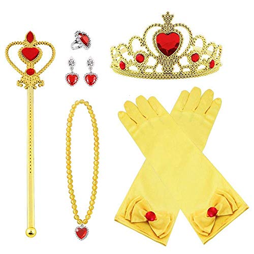 Vicloon Princesa Vestir Accesorios 8 Pcs Regalo Conjunto de Belleza Corona Anillo Sceptre Collar Pendientes Guantes para Niña (Amarillo)