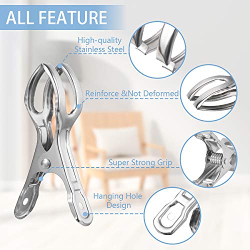 Vicloon Set de 6 Pinzas de Ropa de Clips de Acero Inoxidable, Resistentes al Viento, Toalla Clips para la Ropa Pesada y el Lavarse, 8.5 cm