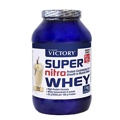 Victory Super Nitro Whey Vainilla (1 kg). Concentrado y aislado de suero. fuente proteica rica en BCAAs. Recuperación muscular. Con L-Glutamina, Vitamina B6 y Calcio.