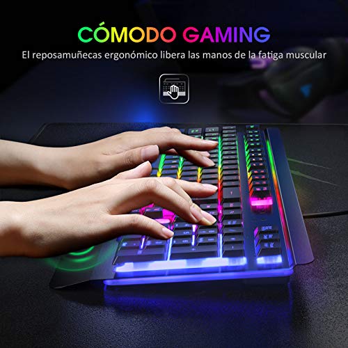 VicTsing Teclado Gaming Español USB, LED Rainbow Retroiluminación con 12 Teclas Multimedia y 19 Teclas Anti-ghosting, Teclado Retroiluminado de Panel Completamente Metálico