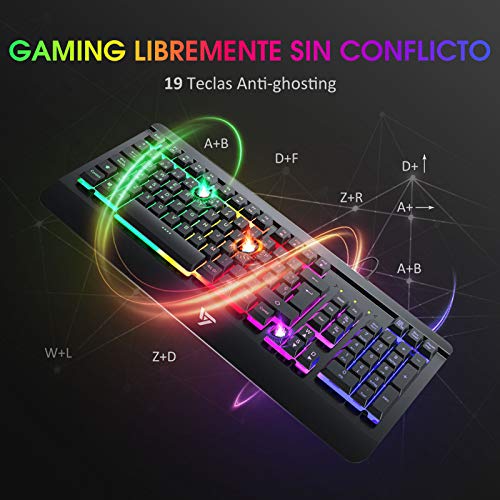 VicTsing Teclado Gaming Español USB, LED Rainbow Retroiluminación con 12 Teclas Multimedia y 19 Teclas Anti-ghosting, Teclado Retroiluminado de Panel Completamente Metálico