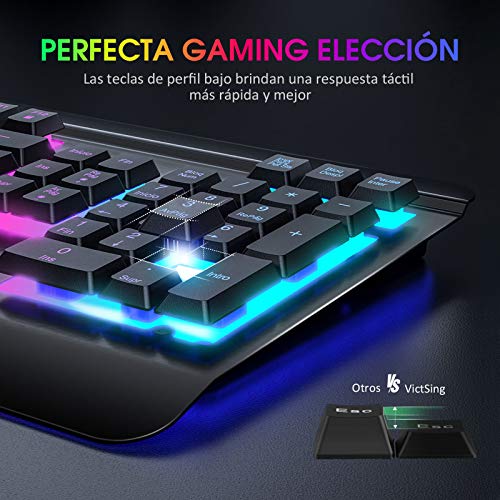 VicTsing Teclado Gaming Español USB, LED Rainbow Retroiluminación con 12 Teclas Multimedia y 19 Teclas Anti-ghosting, Teclado Retroiluminado de Panel Completamente Metálico