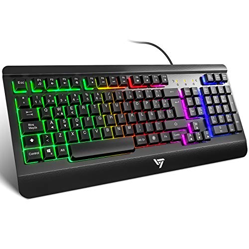 VicTsing Teclado Gaming Español USB, LED Rainbow Retroiluminación con 12 Teclas Multimedia y 19 Teclas Anti-ghosting, Teclado Retroiluminado de Panel Completamente Metálico