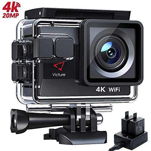 Victure Cámara Deportiva WiFi 4k Ultra HD 20MP Cámara de Acción Acuatica de 40M con 2 Baterías y Cargador Externo, Funciones Anti-Shaking y Time Lapse para Deporte Esquí Patinaje Moto Bicicleta Casco