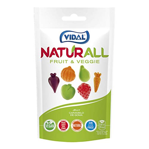 Vidal Golosinas Naturall Fruit & Veggie. Caramelo de goma vegano sin colorantes y aromas naturales. Sabores de frutas y verduras. Doypack 180 gr.