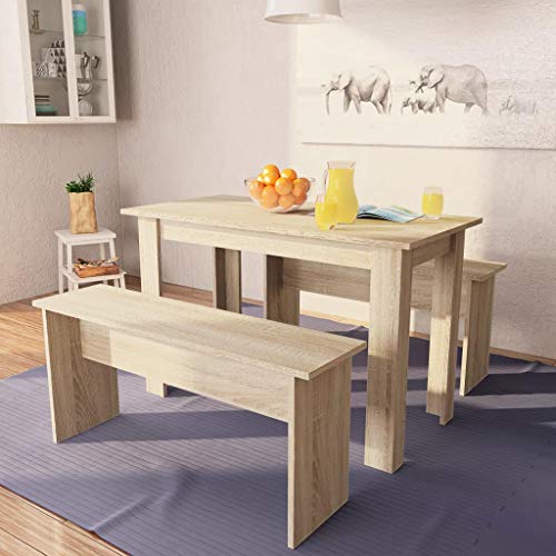 vidaXL Mesa Comedor y Bancos 3 Piezas Madera Color Roble Sala Estar Consola