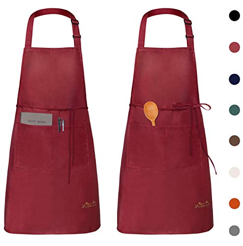 Viedouce 2 Piezas Delantales Impermeables Ajustables del Cocinero con Bolsillo Cocina Delantale de Cocina para Mujeres Hombres,Delantal Chefs Cocina para Cocinar/Hornear (Rojo)