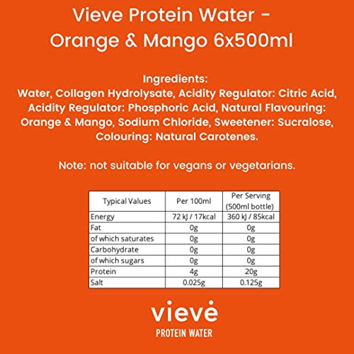 Vieve Agua con Proteína 6x500ml - Naranja y Mango. 20g de Proteína, Sin Azúcar, Sin Grasa y Sin Leche. Alternativa Lista para Beber a los Polvos y Batidos de Proteína