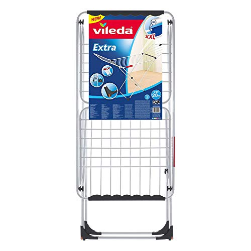 Vileda Extra X-legs - Tendedero de acero y aluminio, con alas plegables, 20 metros de espacio de tendido, con soporte para artículos pequeños, Blanco, dimensiones abierto 173 x 56 x 93 cm