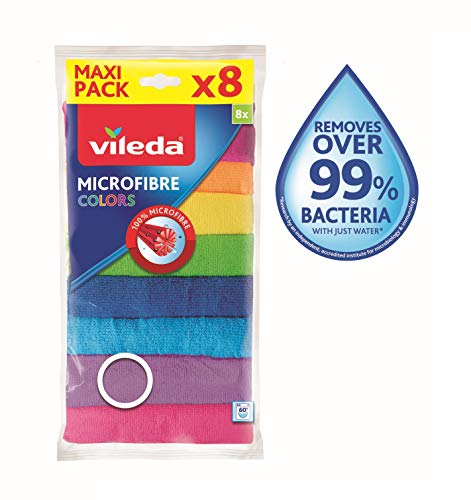 Vileda - Set de 8 bayetas Microfibras Colors, colores variados, 30 x 30 cm, 8 unidades Vileda - Set de 8 bayetas Microfibras Colors, colores variados, 30 x 30 cm, 8 unidades