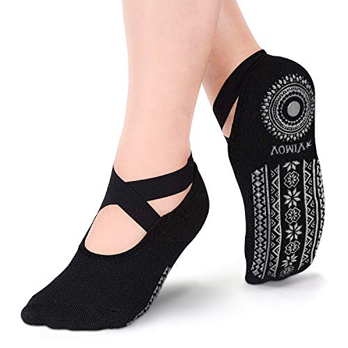 VIMOV 1 Pares Antideslizantes Calcetines para Mujer, Negros Antideslizantes Calcetines para Yoga, Fitness, Gimnasio, Pilates, Danza, Ballet, Barre