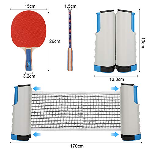 VINGO Juego de ping pong portátil con 4 raquetas de ping pong + 8 pelotas de ping pong + 1 bolsa + 1 red extensible para principiantes, familias y profesionales