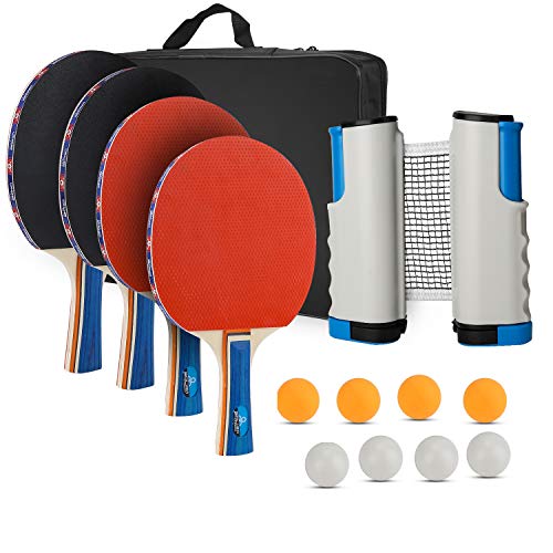 VINGO Juego de ping pong portátil con 4 raquetas de ping pong + 8 pelotas de ping pong + 1 bolsa + 1 red extensible para principiantes, familias y profesionales