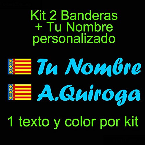 Vinilin - Pegatina Vinilo Bandera Valencia + tu Nombre - Bici, Casco, Pala De Padel, Monopatin, Coche, etc. Kit de Dos Vinilos (Azul Claro)