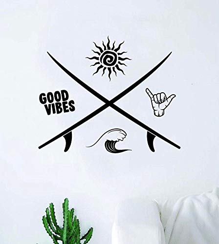 Vinilo adhesivo para pared, diseño de olas de Shaka con texto "Surf Good Vibes"
