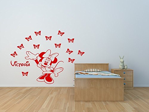 Vinilo de vinilo de Minnie con calcomanías con mariposas y su elección de nombre. Calcomanía de pared personalizada de Minnie Mouse.