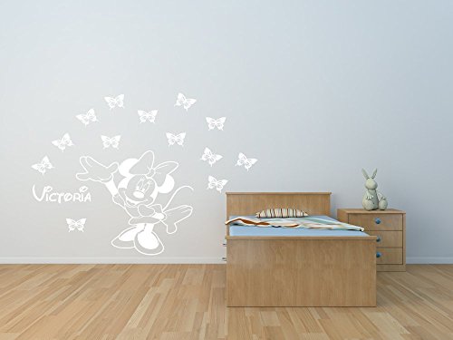 Vinilo de vinilo de Minnie con calcomanías con mariposas y su elección de nombre. Calcomanía de pared personalizada de Minnie Mouse.