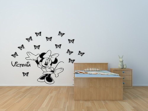 Vinilo de vinilo de Minnie con calcomanías con mariposas y su elección de nombre. Calcomanía de pared personalizada de Minnie Mouse.