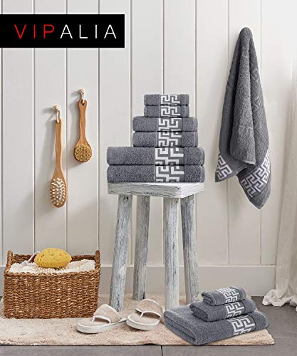Vipalia Juego de Toallas de baño 6 Piezas. Calidad Rizo Algodon Egipcio 500 gr. Tamaños: 2 de Tocador 2 de Lavabo y 2 de Ducha Sabana. Cenefa Dibujo Cesar. Color Gris Oscuro Vipalia Juego de Toallas de baño 6 Piezas. Calidad Rizo Algodon Egipcio 500 gr. Tamaños: 2 de Tocador 2 de Lavabo y 2 de Ducha Sabana. Cenefa Dibujo Cesar. Color Gris Oscuro