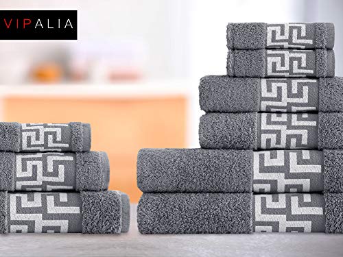 Vipalia Juego de Toallas de baño 6 Piezas. Calidad Rizo Algodon Egipcio 500 gr. Tamaños: 2 de Tocador 2 de Lavabo y 2 de Ducha Sabana. Cenefa Dibujo Cesar. Color Gris Oscuro Vipalia Juego de Toallas de baño 6 Piezas. Calidad Rizo Algodon Egipcio 500 gr. Tamaños: 2 de Tocador 2 de Lavabo y 2 de Ducha Sabana. Cenefa Dibujo Cesar. Color Gris Oscuro