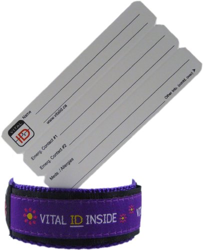 Vital ID Pulsera de identificación médica,para adultos y niños,100% resistente al agua,tarjeta de inserción antirroturas,almacena contactos de emergencia, medicación, familiares y allegados,compatible con smartphones, color Purple with Flowers, tamaño Sma