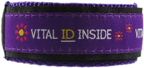 Vital ID Pulsera de identificación médica,para adultos y niños,100% resistente al agua,tarjeta de inserción antirroturas,almacena contactos de emergencia, medicación, familiares y allegados,compatible con smartphones, color Purple with Flowers, tamaño Sma