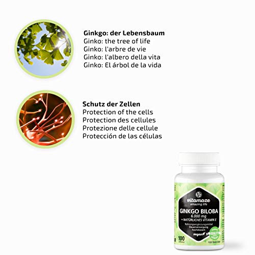 Vitamaze® Ginkgo Biloba Cápsulas 6000 mg de Dosis Alta, Extracto de Gingko Biloba Vegano 50:1, 100 Cápsulas para 100 Días, Suplementos Puro sin Aditivos Innecesarios, Calidad Alemana