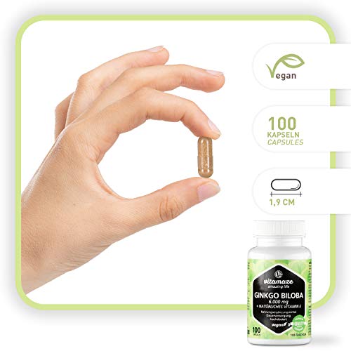 Vitamaze® Ginkgo Biloba Cápsulas 6000 mg de Dosis Alta, Extracto de Gingko Biloba Vegano 50:1, 100 Cápsulas para 100 Días, Suplementos Puro sin Aditivos Innecesarios, Calidad Alemana