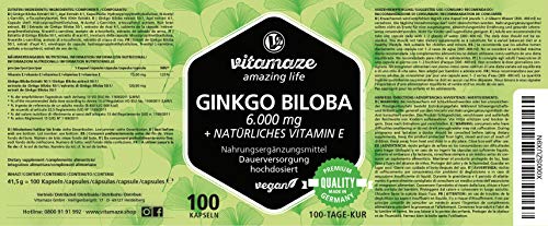 Vitamaze® Ginkgo Biloba Cápsulas 6000 mg de Dosis Alta, Extracto de Gingko Biloba Vegano 50:1, 100 Cápsulas para 100 Días, Suplementos Puro sin Aditivos Innecesarios, Calidad Alemana Vitamaze® Ginkgo Biloba Cápsulas 6000 mg de Dosis Alta, Extracto de Gingko Biloba Vegano 50:1, 100 Cápsulas para 100 Días, Suplementos Puro sin Aditivos Innecesarios, Calidad Alemana