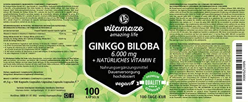 Vitamaze® Ginkgo Biloba Cápsulas 6000 mg de Dosis Alta, Extracto de Gingko Biloba Vegano 50:1, 100 Cápsulas para 100 Días, Suplementos Puro sin Aditivos Innecesarios, Calidad Alemana