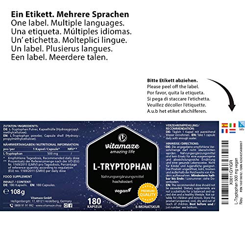 Vitamaze® L-Triptófano Pura 500mg por Cápsula, 180 Cápsulas Vegano por 6 Meses, Aminoácido Esencial Puro Naturalmente Fermentado, sin Aditivos Innecesarios, Calidad Alemana