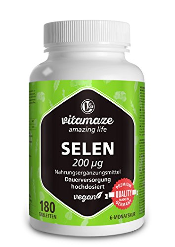 Vitamaze® Selenio de Dosis Alta 200 mcg, 180 Comprimidos Veganos para 6 Meses, Selenio Pastillas adecuado para Mujer y Hombre sin Aditivos Innecesarios, Suplemento de calidad de Alemania