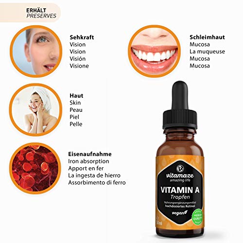 Vitamina A Gotas 5000 UI de Alta Dosis por Diaria, 50 ml (1700 Gotas), Retinol Vegetariano y Liquido, Alta Biodisponibilidad, Suplemento Alimenticio Natural sin Aditivos