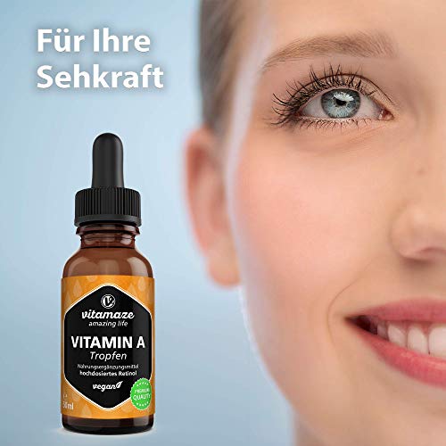 Vitamina A Gotas 5000 UI de Alta Dosis por Diaria, 50 ml (1700 Gotas), Retinol Vegetariano y Liquido, Alta Biodisponibilidad, Suplemento Alimenticio Natural sin Aditivos