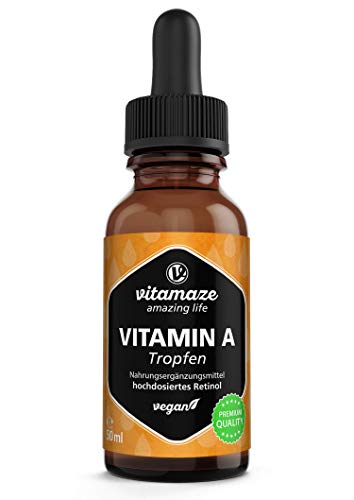 Vitamina A Gotas 5000 UI de Alta Dosis por Diaria, 50 ml (1700 Gotas), Retinol Vegetariano y Liquido, Alta Biodisponibilidad, Suplemento Alimenticio Natural sin Aditivos